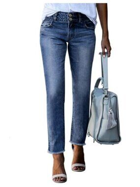 High Waisted Straight Leg Jeans Stretchy Raw Hem Tummy Control Denim Pants